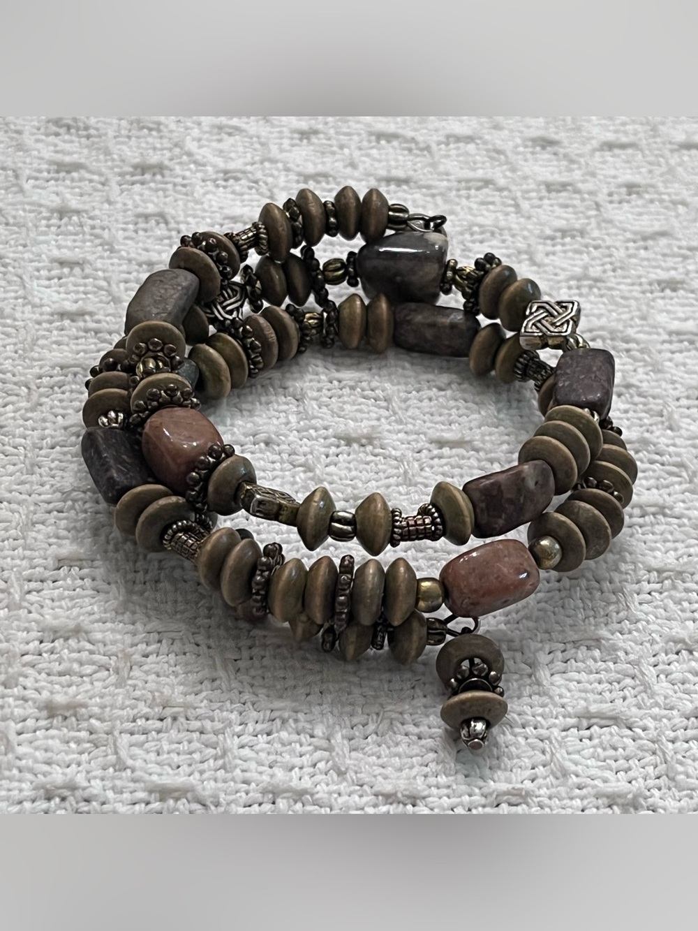 Handmade Olive Wood & Stone Wrap Bracelet Celtic Knot Boho